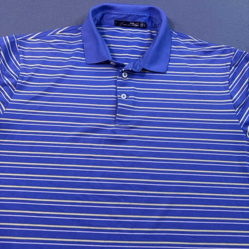 RLX Ralph Lauren Polo Golf Shirt MENS LARGE PERFORMANCE BLUE YELLOW Stripe